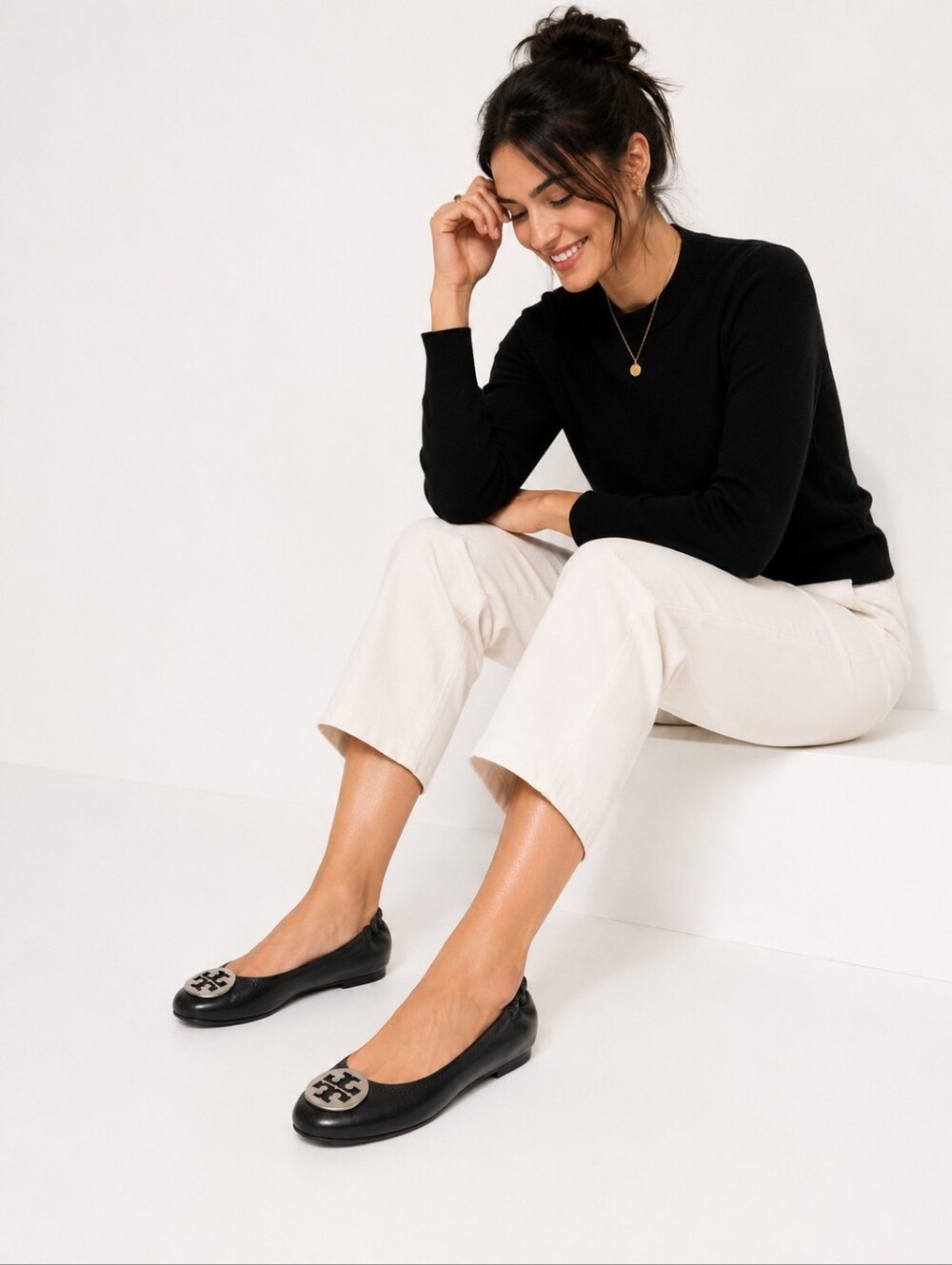 Tory Burch Reva Ballet Flats Black Leather Logo Medallion Shoes 7M